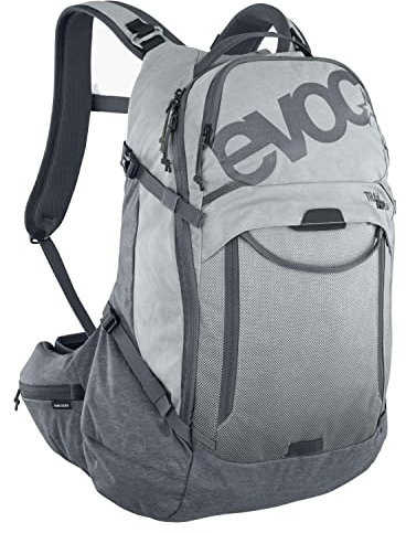 EVOC TRAIL PRO 26l Protektor Rucksack für Fahrradtouren, Backpack (LITESHIELD PLUS Rückenprotektor, leichter Fahrradrucksack, breite Hüftflossen, 3l Trinkblasenfach,Größe: L/XL) Steingrau/Carbon Grau