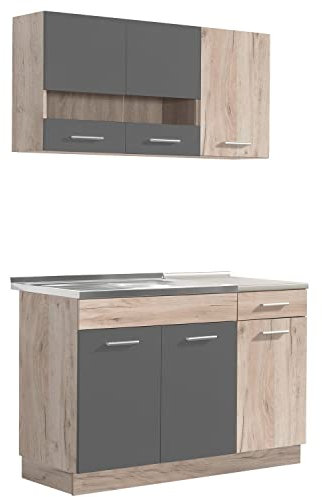 Homestyle4u 2359, Küche Küchenzeile Küchenblock Eiche Holz Grau Einbauküche Single Küchen Schränke 120 cm