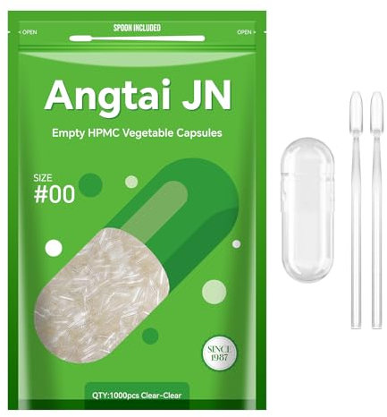 Angtai JN Capsule Vuote Vegetali Taglia 00-Chiavi Capsule Vuote per Riempimento con 2 Micro Cucchiai, Capsule Vuote Fai-Da-Te Compatibili con Dimensioni di Riempimento Capsule 00, 1000 Unità