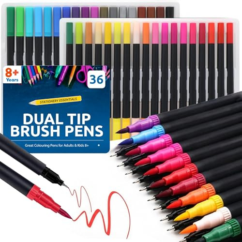 SOL 36pc Dual Tip Brush Pens Set, 0.4mm & 2mm Non Bleed Colouring Brush Tip Pens, Skin Tones & Vibrant Colours for Sketching, Calligraphy & Drawing, Adult Colouring Pens for Shading, Lettering & Art