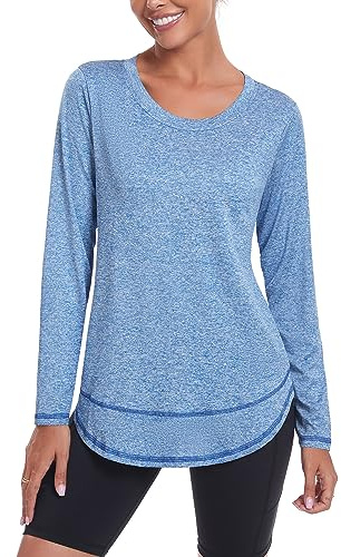 Deaviya Womens Long Sleeve Sports Tops UK, Sport Yoga T-Shirt Workout Running Tops, Crew Neck Quick Dry Golf Activewear Ladies Gym Sports Top, XXL,Blue