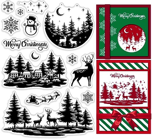 CRASPIRE Christmas Clear Rubber Stamps Winter House Forest Snowflake Elk Snowman Sleigh Holiday Transparent Silicone Seals Stamp Xmas Journaling Card Making DIY Scrapbooking Photo Decor 6.3 x 4.3inch