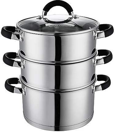 Royal Cuisine 3 Tier Stainless Steel Steamer Cooking Pot 22cm Multi Layer Pan with Glass Lid Stackable Veg Steamer Food for Vegetables Induction Cookware with Silicone Handles