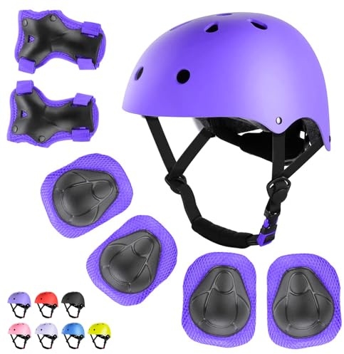 WayEee Kids Bike Helmet Set Skateboard Knee Pads, 7PCS Protective Gear Adjustable for Girls Boys 3-10 Age Elbow Pads Wrist Guards for Outdoor Sports Cycling Bike Roller Skating Scooter, Youth, Purple