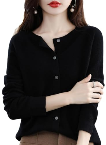 Cardigan in cashmere da donna, cardigan a maniche lunghe con bottoni frontali in cashmere 2024, maglioni elastici in maglia morbida e calda, nero, L
