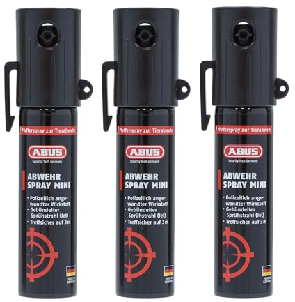 ABUS Abwehrspray SDS80 Mini zur Tierabwehr – Pfefferspray zur Selbstverteidigung bei Tierangriffen – Jet-Sprühstrahl für bis zu 3 m Reichweite – für Hand- und Jackentaschen - je 20 ml - 3er Set