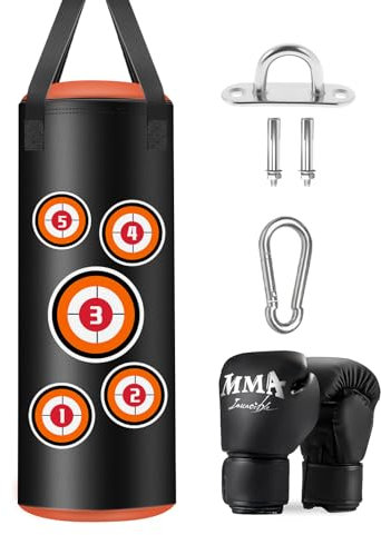 JUOIFIP Boxsack Hängend Set, Boxsack Kinder 60 cm, Microfiber Leder Schwere Tasche für das Training Kickboxen Fitness MMA Grappling Muay Thai Karate