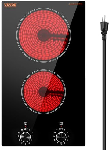 VEVOR Electric Cooktop, Built-in Electric Stove Top, with Glass Panel, Knob Control, 11 Heat Levels, for Diverse Cooking Requirements (12inch-2burners/110V)