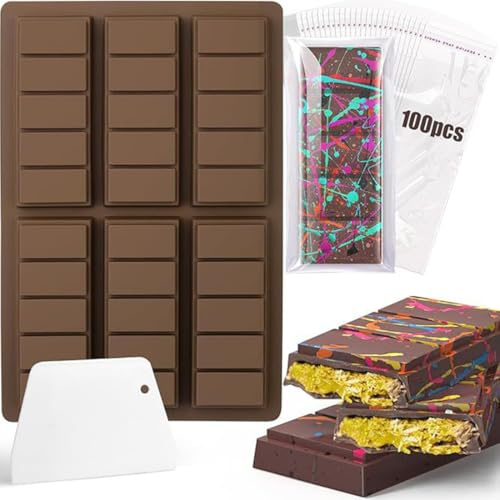 Stampi in silicone per cioccolato, 6 stampi profondi in silicone per barrette di cioccolato con spatola, sacchetto per praline di cioccolato