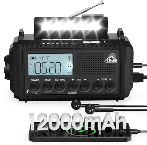 Roxicosly Kurbelradio, Notfallradio mit 12000mAh Power Bank, AM/FM/SW Radio, Kurbel & 5-Wege Emergency Radio mit Weltempfänger, Als Taschenlampe & Ladegerät, für Outdoor, Camping, Wandern