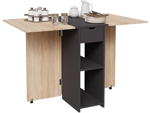 CASABEL, Mesa de Comedor Plegable, Mesa de Cocina para Espacios pequeños, Ahorro de Espacio para Comedor, Cocina en el Medio (con Almacenamiento Central, Madera Blanca Clara)