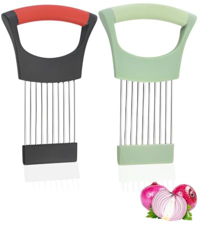 TPZORJX 2 Pezzi Forchetta Affettare per Cipolle,Porta Fette di Cipolla in Acciaio Inox,Multifunzionale Fette Di Strumenti con Copertura Protettiva per Tagliare Carne,Verdura,Frutta(Nero,Verde)