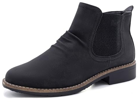 Cushion Walk Women's EEE Extra-Wide Fit Faux Nubuck Leather Ruched Low Block Heel Chelsea Ankle Boots Size 7 UK Black