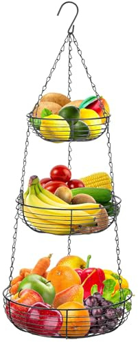 Kongming Fruktkorg, hängande svart, 3 våningar, hängkorg, kök, metall, hängande fruktkorg med krok för förvaring, frukt, grönsaker, bröd och mat, H x D: 84 x 29 cm