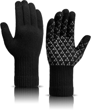 Xnova 100% Wool Winter Gloves for Men Women Soft Knitted Thermal Touchscreen Gloves Anti-Slip Silicone Gel Windproof Mittens with Long Elastic Cuffs for Cycling Running Driving, Black, L