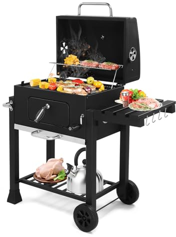 LEADZM Barbacoa de carbón con tabla lateral plegable y ruedas, barbacoa exterior robusta para jardín y terraza, control de temperatura preciso, 116×57×108 cm