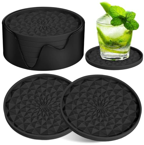 AUAUY 6 Piezas Posavasos de Silicona, Antideslizante Aislante Redonda Posavasos Diseño Engrosado (0,28 Pulgadas) con Base para Tazas Café, Tazas Té, Vasos - Negro