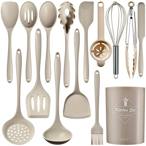 Set di 15 utensili da cucina in silicone con manici in acciaio inossidabile, resistenti al calore e antiaderenti, con portautensili, lavabili in lavastoviglie, Cachi(senza BPA)
