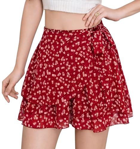 Aunribor Falda Corta Floral de Chifón para Mujer Falda Mini Ligera Casual