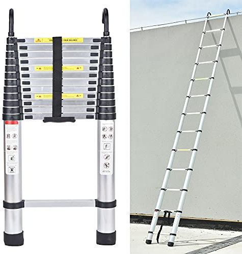 16ft Échelle Télescopique 5M en Aluminium Argent avec Crochets de Toit Telescopic Ladder Bricolage Pliable Extensible Ladder Charge 330lbs (150 kg)