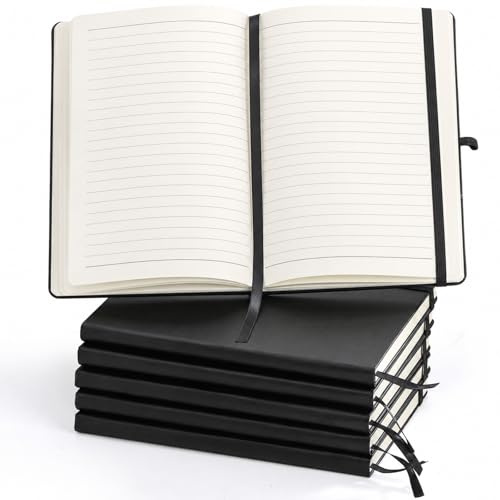 Coloch 6 Pack Ruled Notebook, A5 Black Hardcover Notebook Classic Lined Journal Pocket with 200 Pages and Pen Loop for School, College, Office, Business, 5.75 x 8.25
