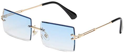 YUELUQU Retro Rahmenlose Sonnenbrille für Damen Herren Mode Retro Rechteck Brille Quadratische durchsichtige Sonnenbrille (A-Gold/blau)
