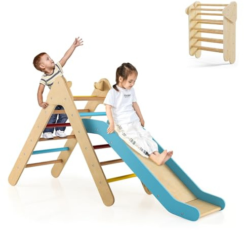 OLAKIDS Pikler Triangle Set 2 in 1 Climbing Toys for Toddlers Foldable Wood Montessori Baby Jungle Gym with Ladder Ramp Slide Kids Indoor Playground Activity Play Structure