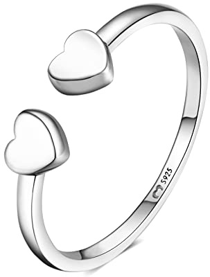 MARLION JEWELS Anillos de mujer en plata de ley diseño abierto y doble corazón. Anillo plata mujer con acabado plateado o dorado. Joyería mujer ideal para parejas, regalo para madres, amigas...