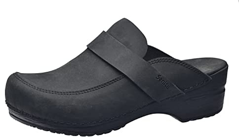 Sanita | Knaus Offener Clog | Original handgemachte, Flexible Leder Clogs für Damen | Anatomisch geformtes Fußbett mit weichem Schaum | Schwarz | 40 EU