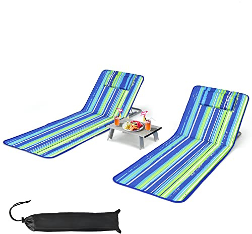 GIANTEX Set di 2 Materassi da Spiaggia Pieghevoli e Tavolino, Sedie a Sdraio da Spiaggia Regolabili in 5 Posizioni con Poggiatesta Rimovibile, Tasca per Giardino, Campeggio (Blu+Verde)