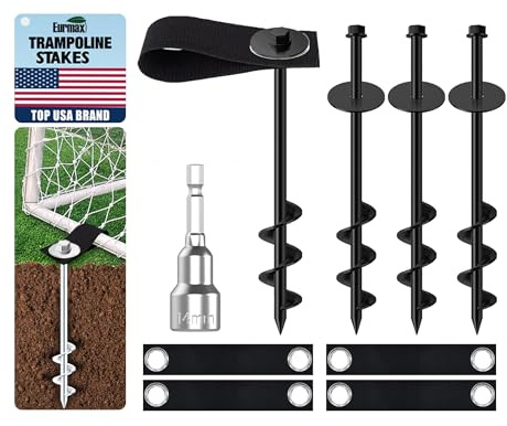 Eurmax USA Ground Anchors Screw in Trampoline Anchors High Wind Tent Stakes Heavy Duty Ground Stakes Trampoline Stakes Anchor Kit Set of 4 Bonus 4 Strong Belt (Black)