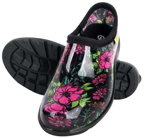 Kprm Flat Garden Shoes for Women Waterproof Slip-On Womens Rubber Rain Shoes Gardening Clogs with Comfort Insole (Midsummer Black, 8)
