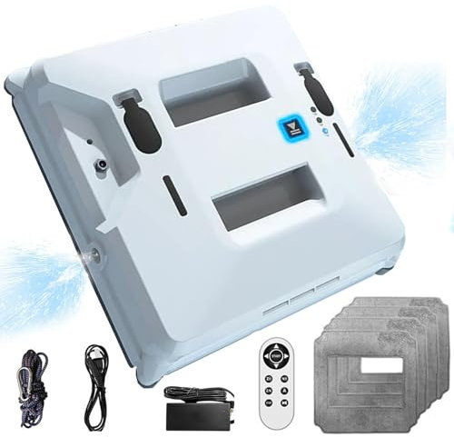 Robot De Limpieza De Ventanas-Doble Rociador Agua, Robot Limpiador Ventanas Cuadrado 3000Pa-Control Remoto, Aspirador De Ventanas Inteligente Para Ventanas Gran Altura Interiores/Exteriores,White