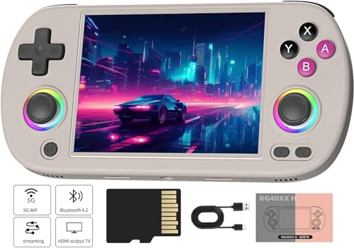 Whatsko RG40XX H Console de Jeu Portable,Double Joysticks avec éclairage RGB Ecran IPS 4 Pouces,Support 5G WiFi Bluetooth 4.2 et Sortie HDMI TV,Carte TF 64G Intégrée avec 5500+ Jeux(Gris)