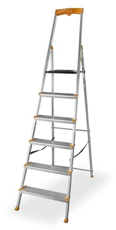 DRABEST Escabeau 6 Marches Pliable - Échelle en Aluminium - Escabeau Pliant avec Porte-Outils et Marches Extra Larges 120 mm avec Surface Antidérapante - Capacité de Charge 150 kg