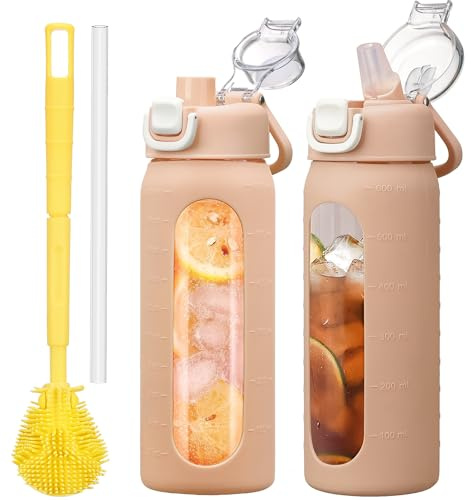 HYDRAGLAZIC 600 ml vattenflaska i glas med sugrör, glasflaska med halsband av rutschfast silikon, bred öppning, läckagesäker för kaffe och vattenflaska, BPA-fri, bärnsten