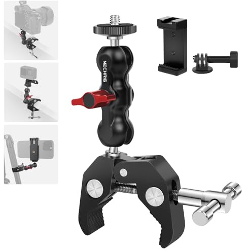 Mechrig Supporto a morsetto per fotocamera con braccio magico a doppia testa a sfera, kit di montaggio in alluminio per fotocamera DSLR, telefono, monitor, luce LED, microfono, super morsetto per