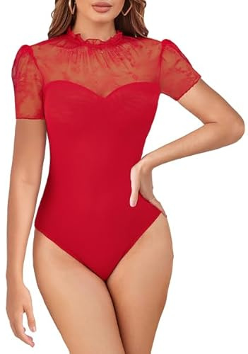 MAYFASEY Spetsbody damer spetsbody sexig kortärmad långärmad spets mesh bodysuits mock urringning eleganta transparenta toppar, B-Röd, XXL