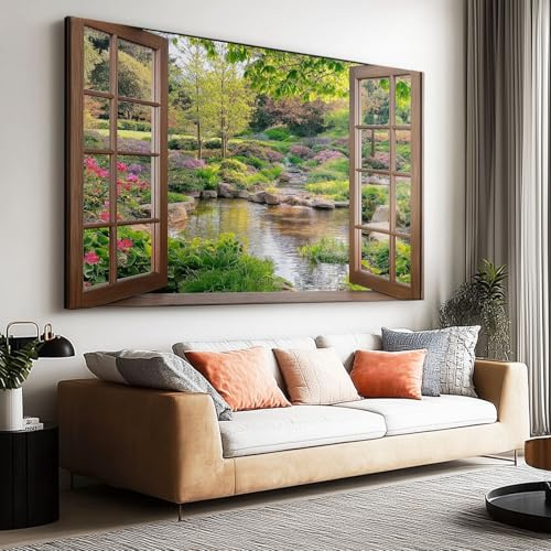 Impressions sur Toile Vue Fenêtre 3D Paysage Ruisseau Grande Tableau Murale Decoration Salon Photo sur Toile, Image sur Toile Tableaux Chambre Maison sans Cadre (120 cm x 80 cm)
