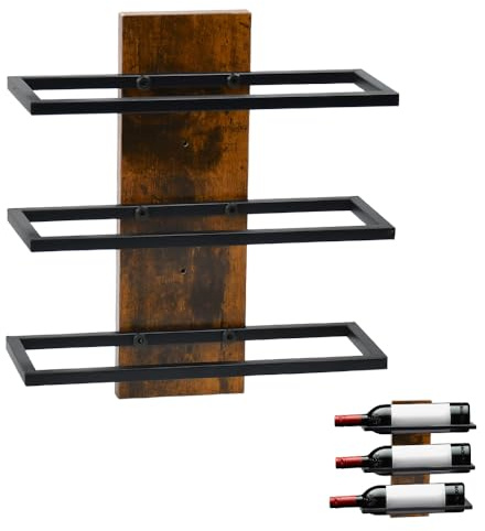 Zuxbolf Porte Bouteille Mural, Étagère Murale pour 3 Bouteilles 30 cm × 27.5 cm, Support Bouteille Vin en Bois et Fer, Casier à Vin Mural en Métal pour Cuisine, Salon, Bar