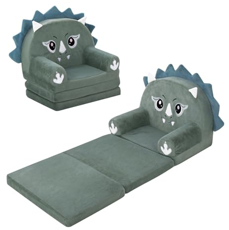 decalsweet Sofá Plegable de Felpa para Niños con Respaldo Sillón 2 en 1, Cómoda Ligero Estable Sillón Infantil con Cremallera, Sofá Cama para Bebé para Dormitorio Sala de Juegos, Mini Sofa(Dinosaurio)