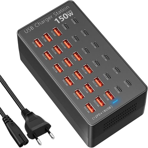 Chargeur USB Multiple, Desktop USB hub Alimentation 30 Ports, 150W Multi Chargeur, Compatible avec iPhone 12/13/14/15/16/Galaxy S22/S23/S24/S25/Google Pixel/Tablets