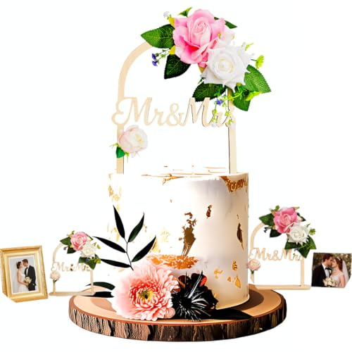 BoisDubois Wooden Wedding Cake Topper - Mr & Mrs Floral Arch Design - Handcrafted Rustic Cake Decoration & Home Decor Keepsake - Gift Box Included for Anniversary, Bridal Shower