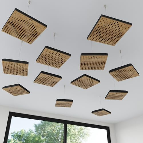 Set di 4 mini pannelli acustici da soffitto | Assorbitore acustico 3D HDF sospeso con kit di sospensione | Decorazione acustica per soffitti | 25×25cm | Colore: [Rovere | WILDS-Mini]