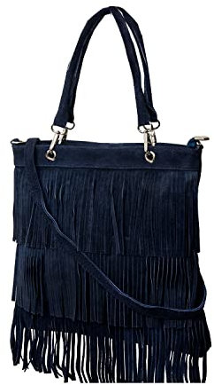 fashion-formel Shopper, Umhängetasche mit Fransen aus echt. Wildleder Mod.2033-9 Blau Italy