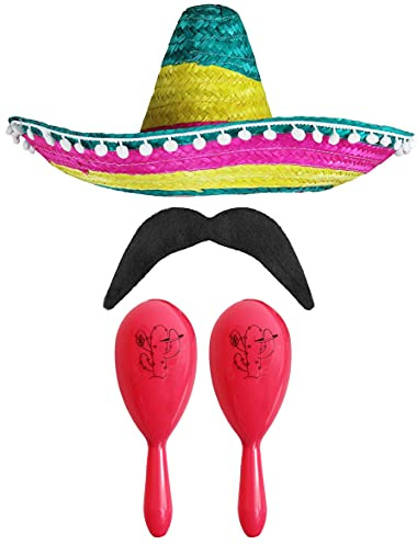Mexikansk underbar klänning tillbehörsset – Mexikansk SOMBRERO med maracas och tash – perfekt för musikanska prydnadskompisar (MULTI-färgad POM SOMBRERO + 2 x rosa maracas)