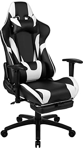 Flash Furniture X30 Gaming-Stuhl, ergonomischer Bürostuhl für PC- und Gaming-Setups, verstellbarer Rennsport-Stuhl mit vollständig verstellbarer Rückenunterstützung, schwarz mit weißer Verzierung