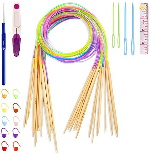 Coopay Bambus Rundstricknadel Set, 18 Stück 100cm Doppelspit Stricknadeln Rundstricknadeln mit Strickzubehör und Häkelnadeln, Natur Bambus Rundstricknadeln für Anfänger und Profis, 2,0 mm bis 10,0 mm