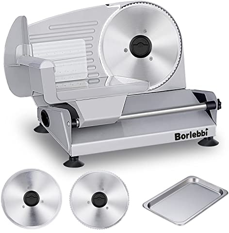 Meat Slicer, 200W Electric Food Slicer with 2 Removable 7.5 Stainless Steel Blades and Stainless Steel Tray, Child Lock Protection, Adjustable Thickness, Food Slicer Machine for Meat Cheese Bread