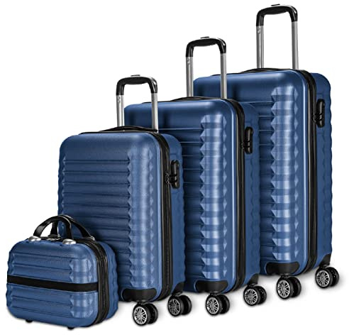 NUMADA - Set di Valigie 4pzs (53/63/75cm) e Borsa da Toilette Blu Navy, ABS Resistente, Leggero con 4 Ruote Doppie e Lucchetto Combinazione Laterale